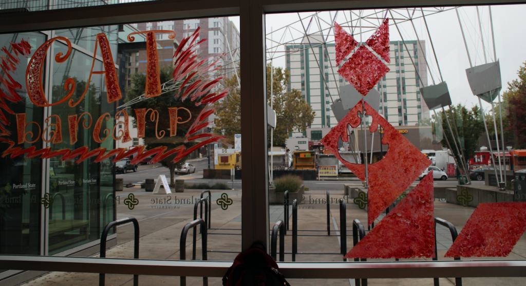 view of eb atrium window decorated with barcamp sign